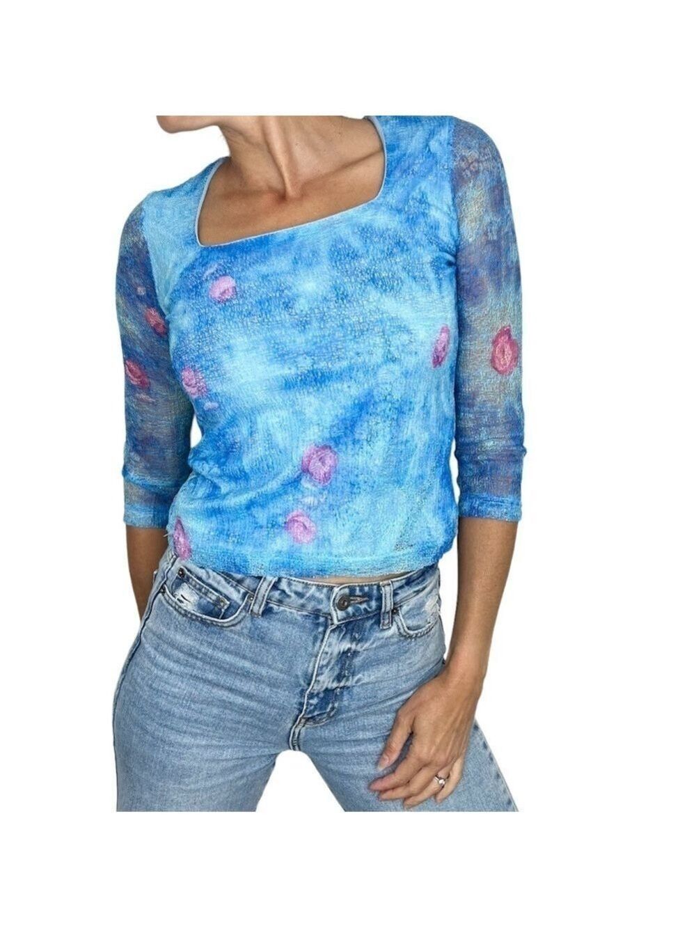 Vintage 90s blue floral mesh square neckline 3/4 sleeve top